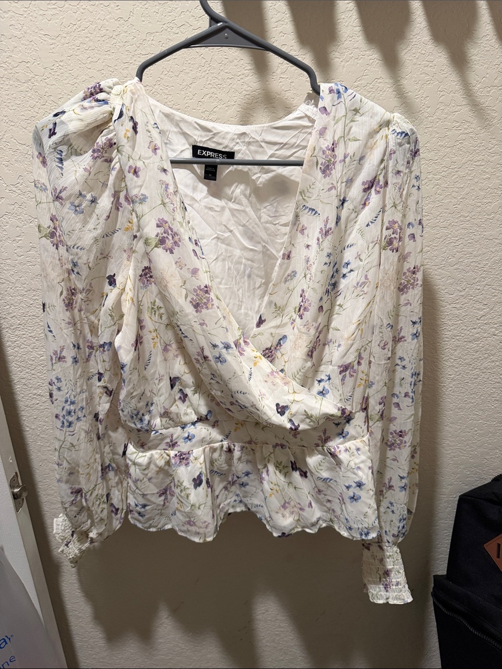 Express Women's Cream Floral Wrap Blouse with Lavender and Blue Accents